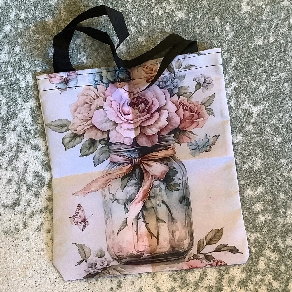 Floral Bouquet Mason Jar Butterflies Shabby Chic Polycanvas Tote Bag NWT 14x16 - Picture 12 of 13